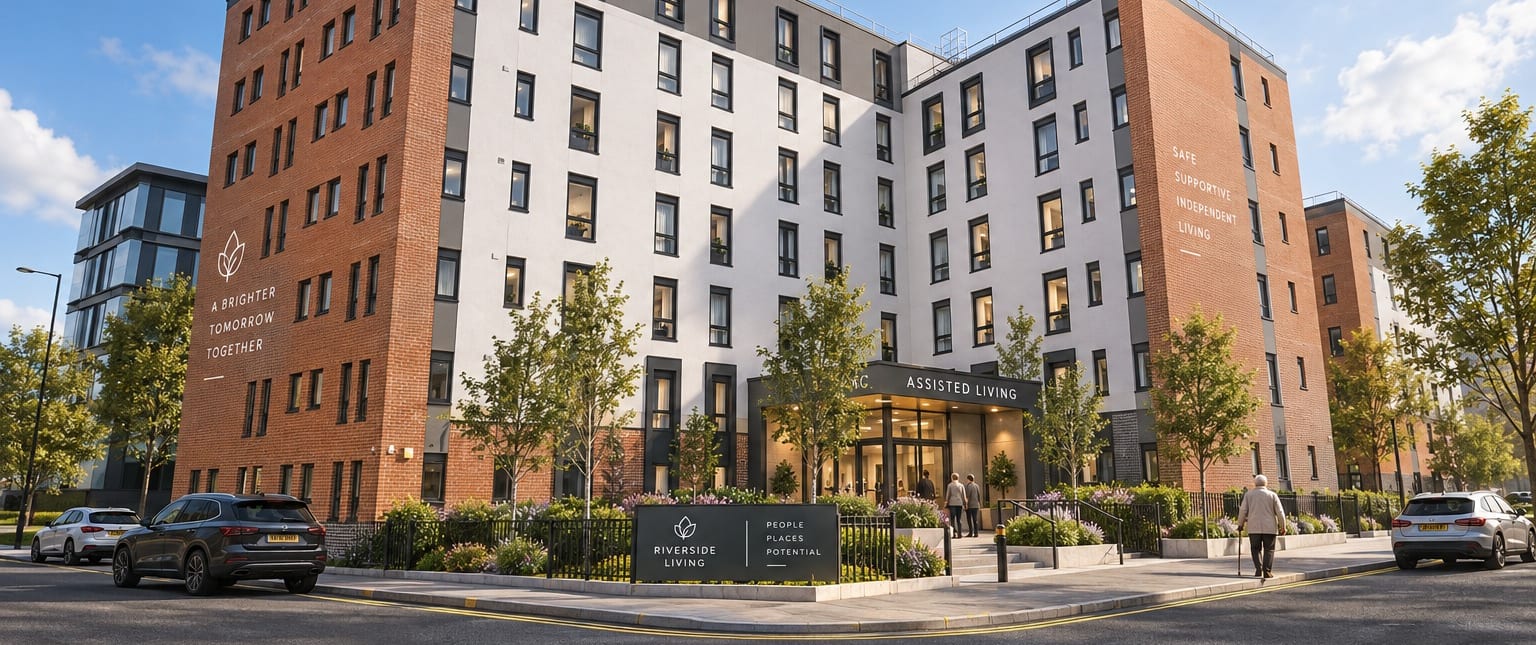Assisted living apartments in a converted six-storey block on Prince Edwin Street, Liverpool, with residents arriving at the ground-floor entrance
