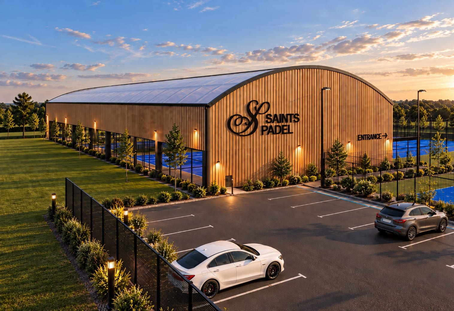 Visualisation of a timber-clad padel canopy with a curved translucent roof at dusk, fenced courts beside it and a small car park in front