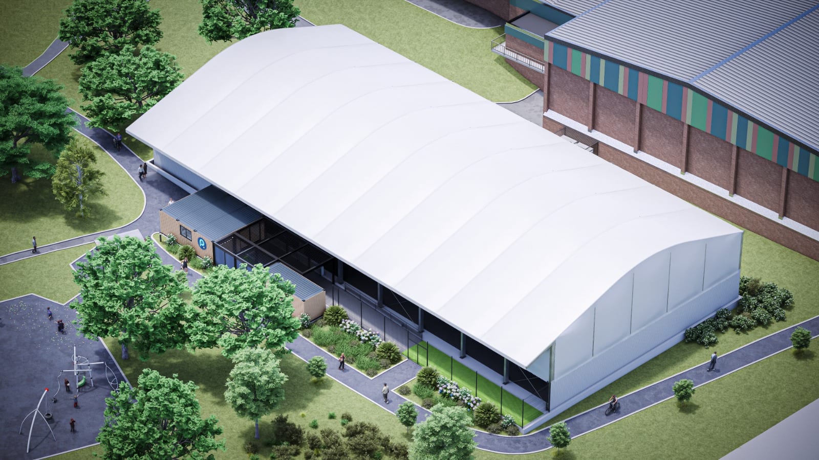 Aerial visualisation of the Padel4all Fareham canopy, a white tensile roof over four courts beside the brick leisure centre, with a timber-clad entrance pod and planting along the open side
