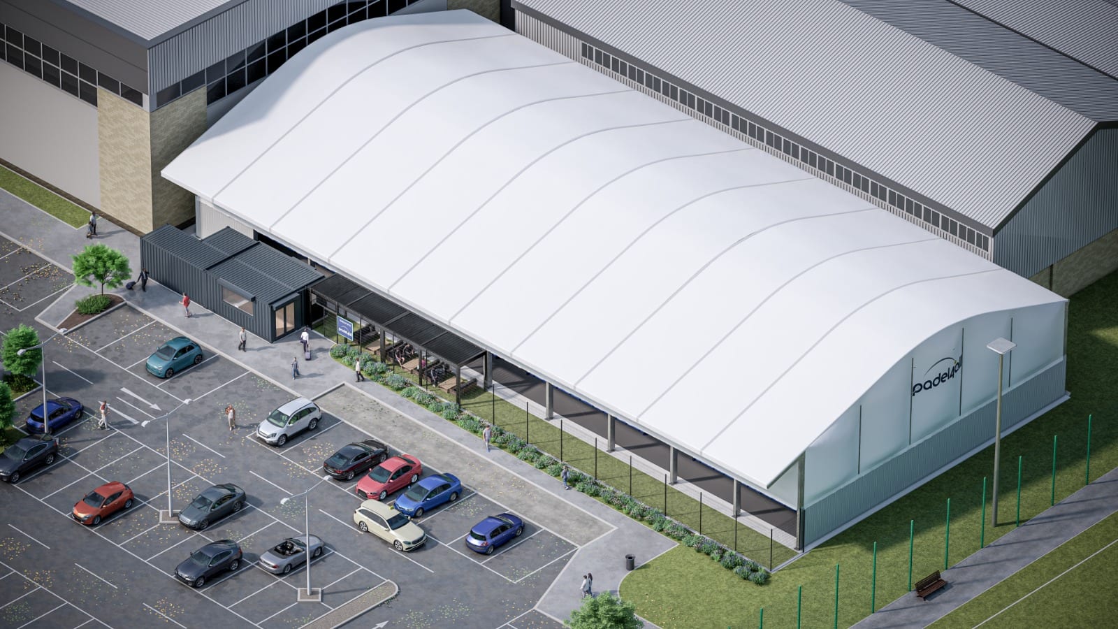 Aerial visualisation of the Padel4all Fareham canopy from the car park, with the entrance and a covered seating terrace along the open side