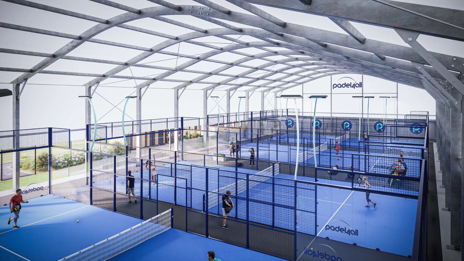 Inside the Padel4all Fareham canopy: courts under a curved steel frame and tensile roof, with the sides open to the park