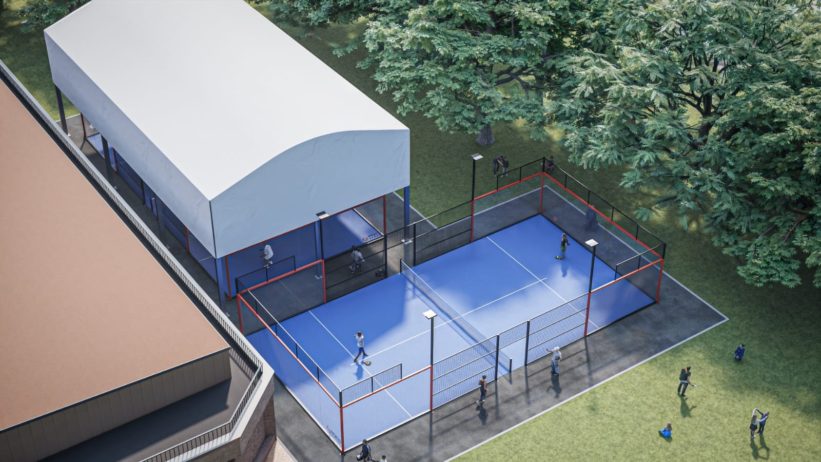 Aerial visualisation of an open-air padel court beside a second court under a white barrel canopy, against the leisure centre wall with trees beyond