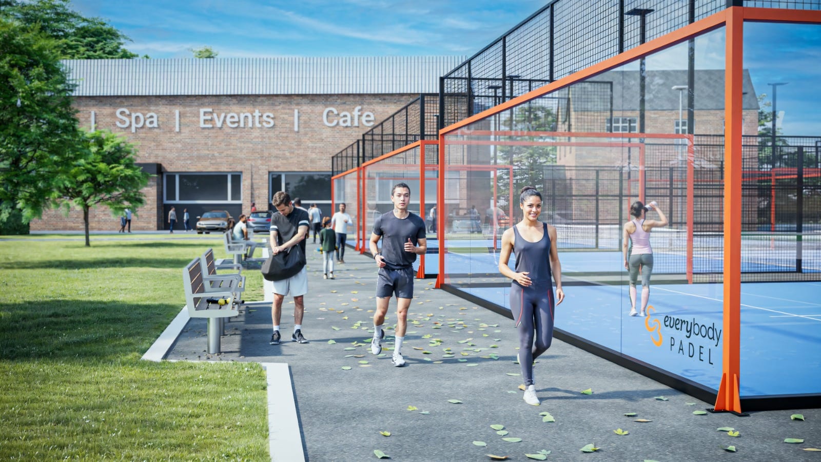 Visualisation at eye level of the padel courts beside the leisure centre, with players on the path and the centre's Spa, Events and Cafe signage behind