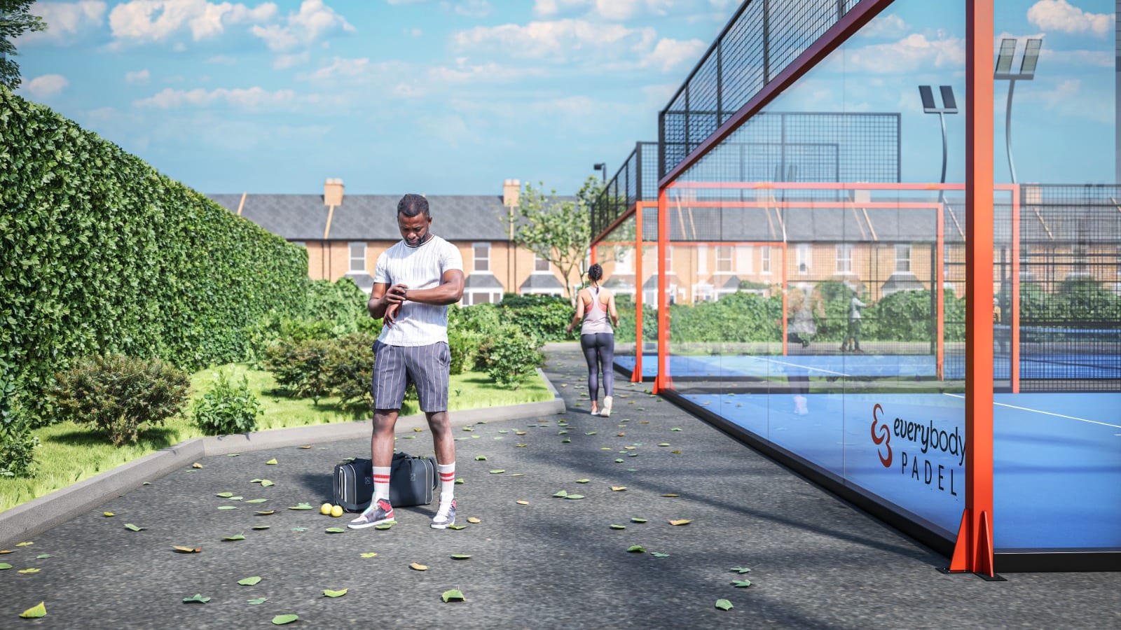 Visualisation at eye level along the outside of the padel court enclosures, with a hedge on one side and terraced houses beyond