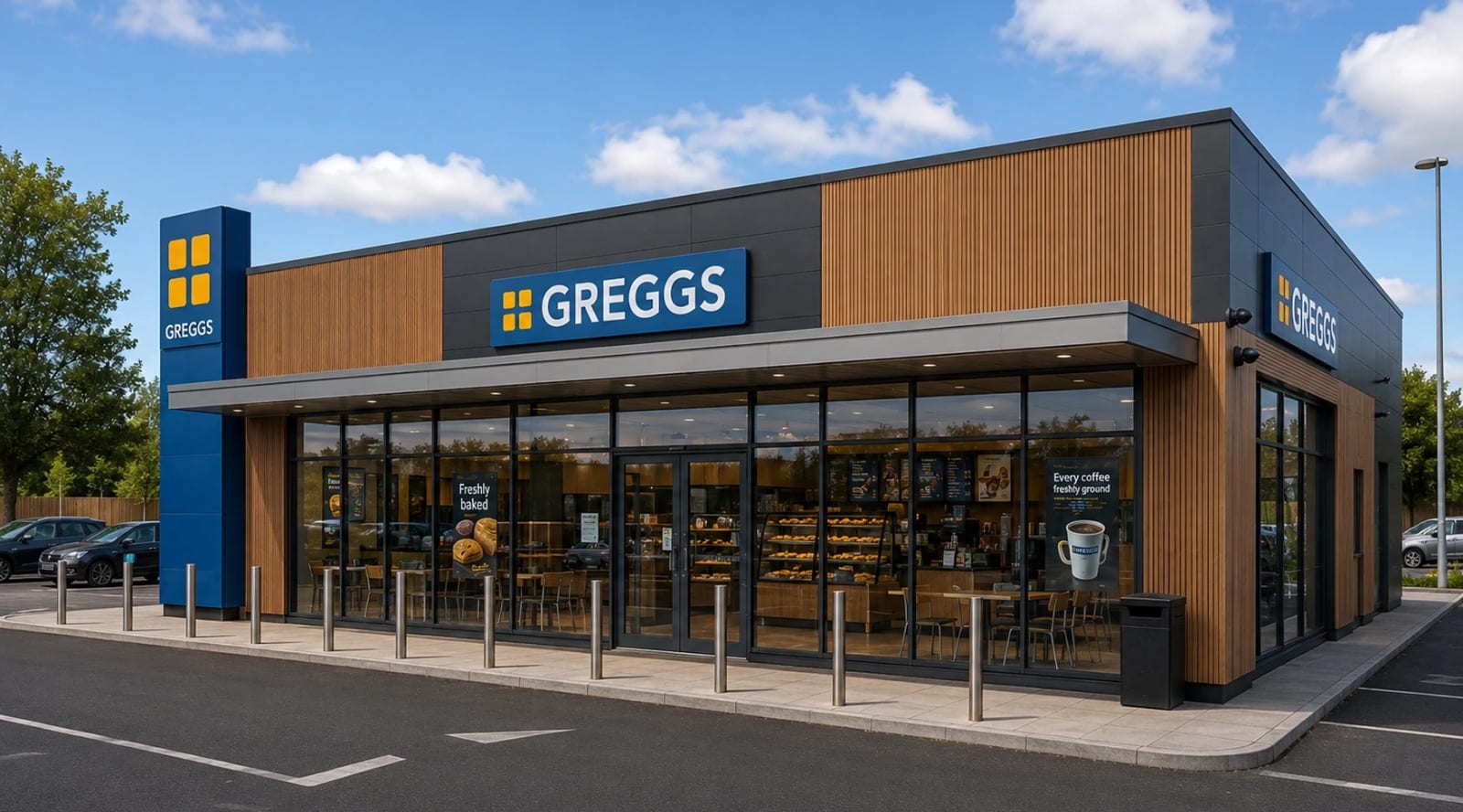 A roadside food-to-go unit in dark cladding and timber, its glazed frontage facing the parking bays and approach road