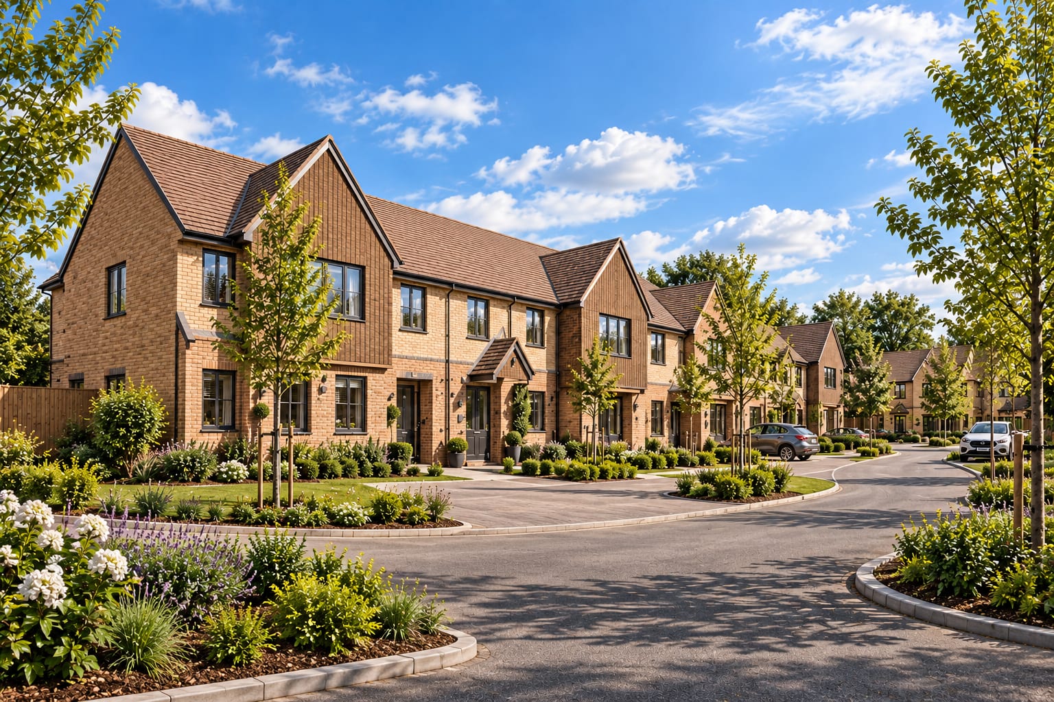 A street of new build brick houses with gabled roofs, young street trees and planted front gardens